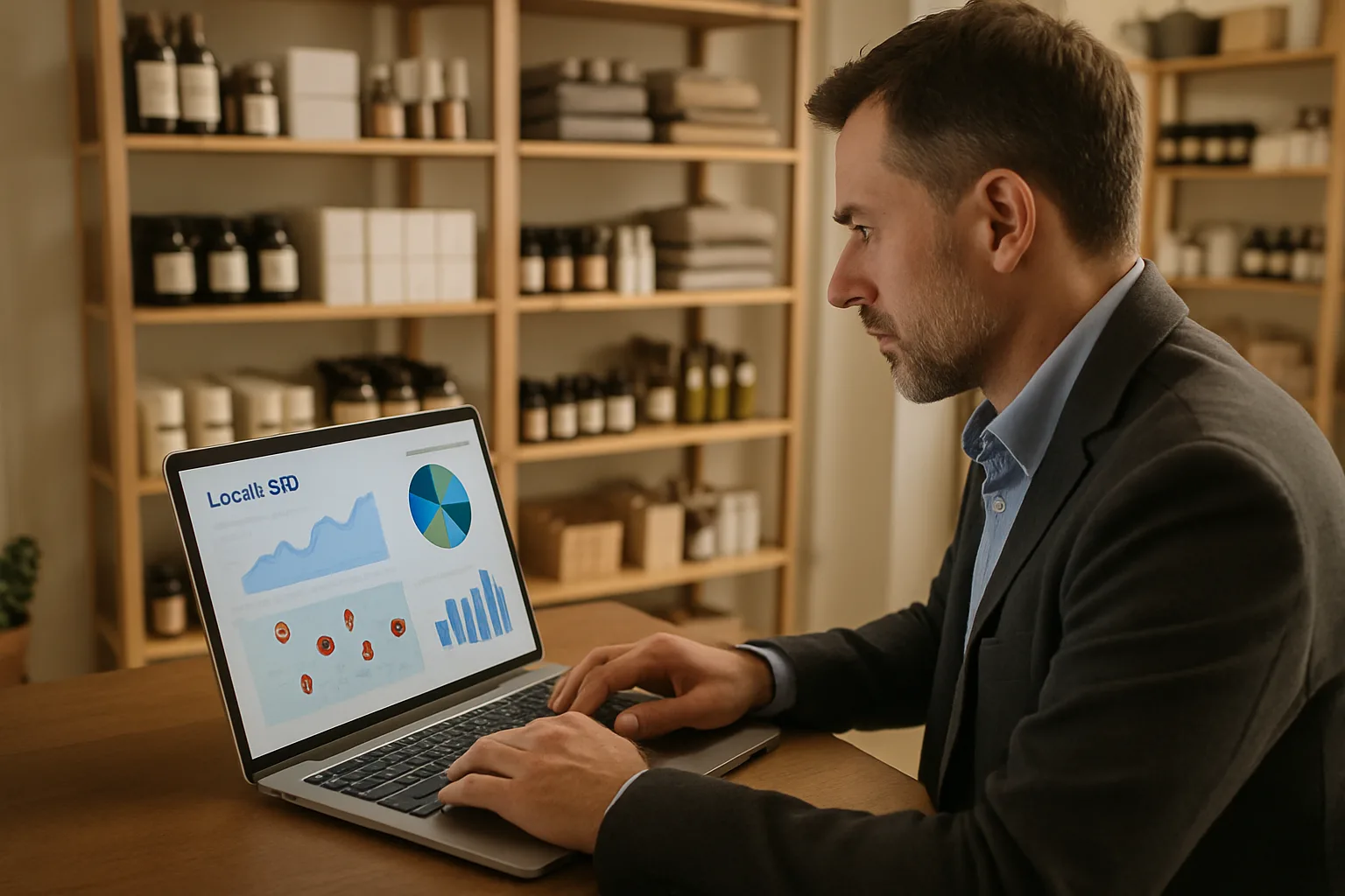 Commerçant analysant ses performances SEO local depuis son magasin