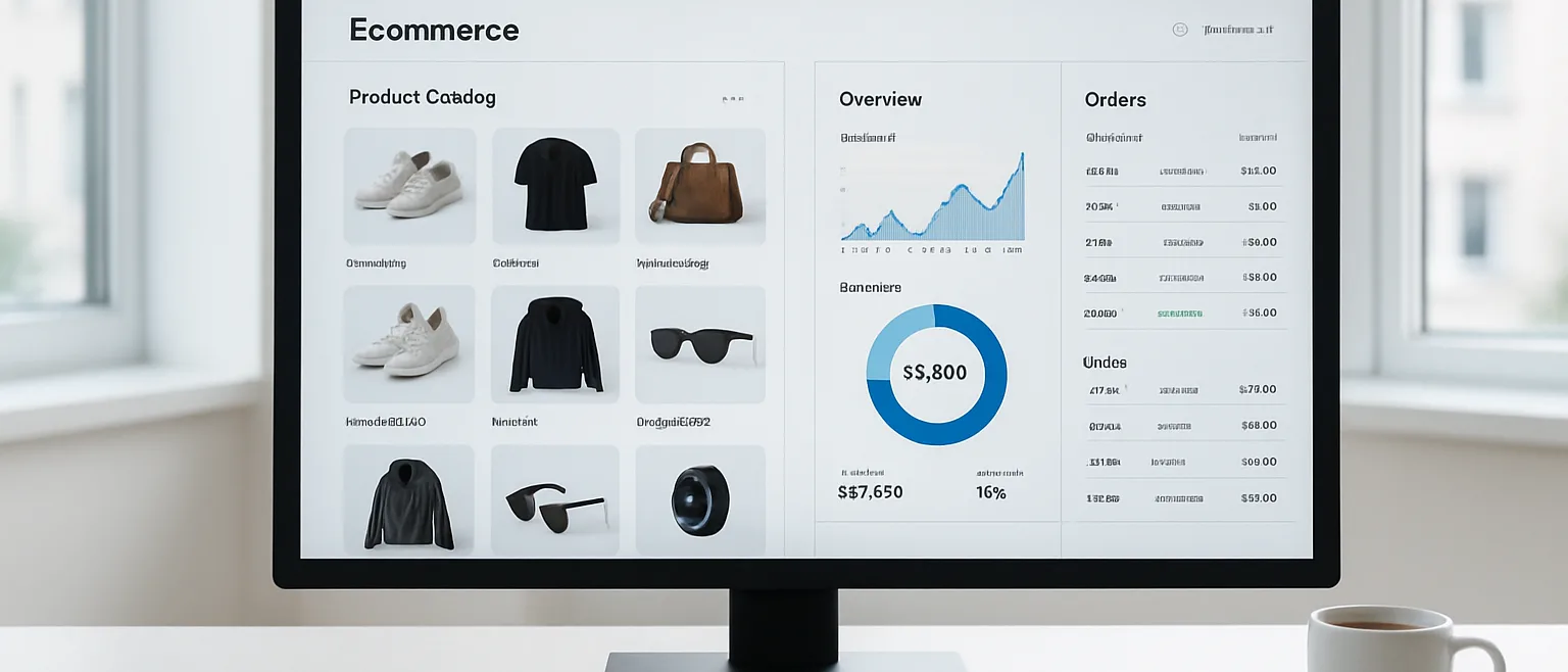 Tableau de bord d'un CMS ecommerce moderne avec gestion de catalogue et analytics en 2026
