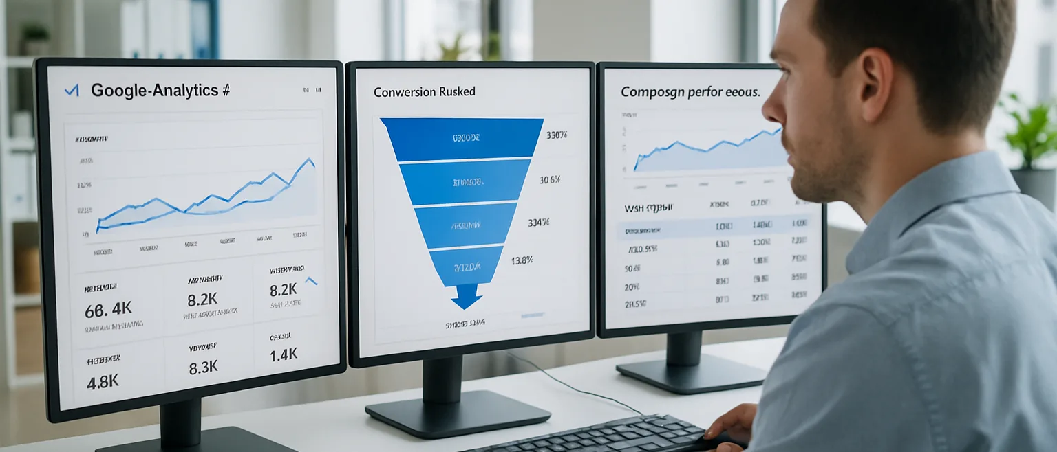 Professionnel marketing analysant les tableaux de bord de tracking GA4 conversion sur plusieurs écrans